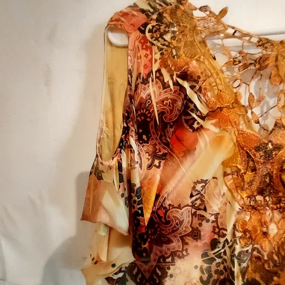 One World Elegant Multicolor Maxi Dress Large Crocheting Fairy Style Pullover - Picture 3 of 10